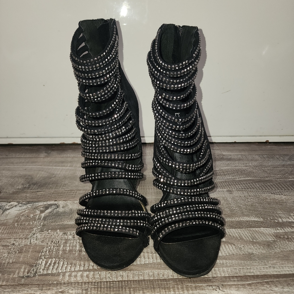 bebe Black Rhinestone Strappy Heels - Picture 2 of 4